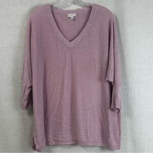 Garnet Hill 100% Organic Linen Boxy Lavender V-Neck 3/4 Sleeves Knit Top Large